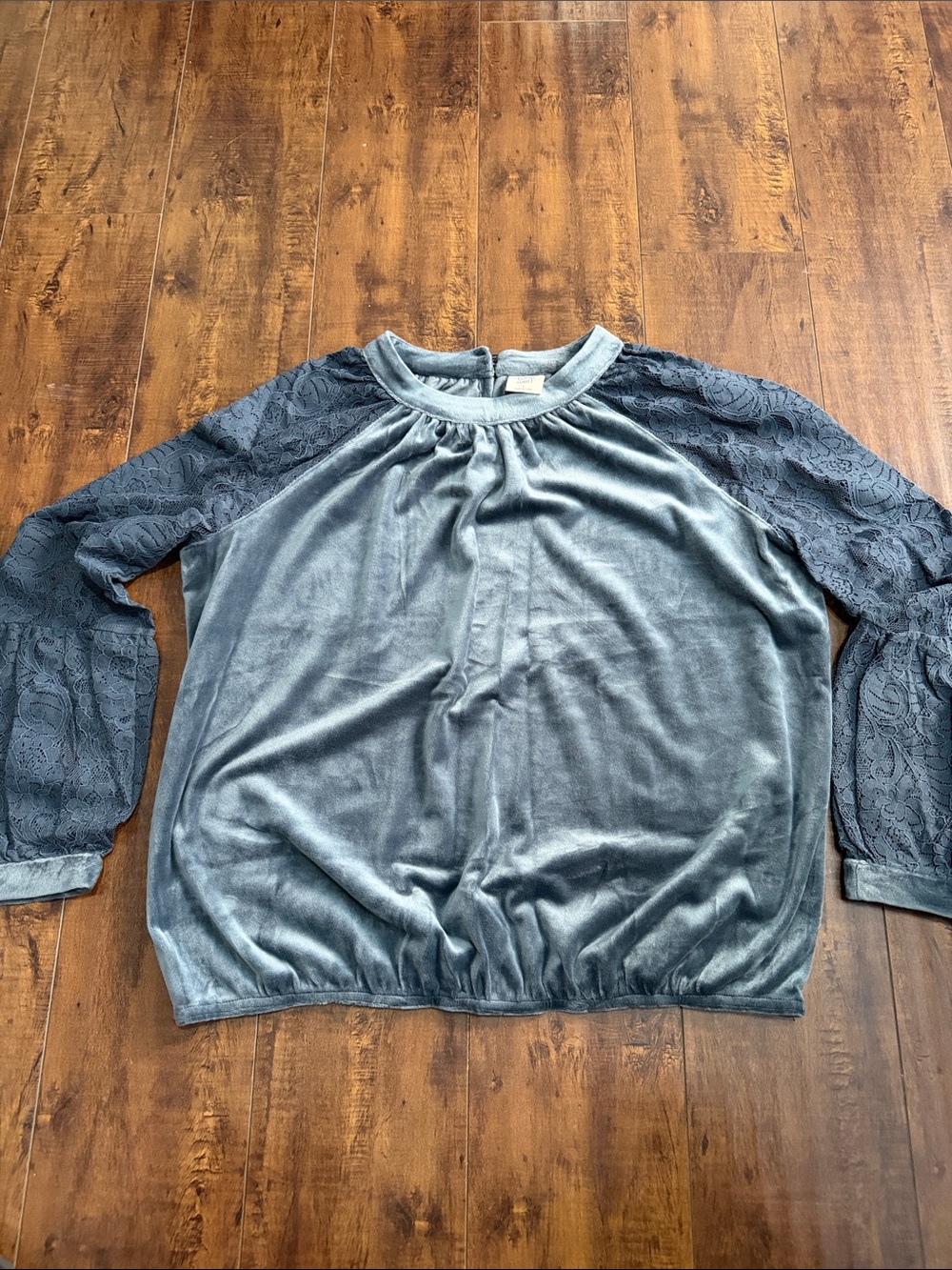 Matilda Jane Velvet Top with Lace Long Sleeves in Slate Blue